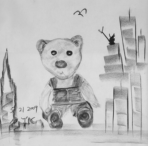 Gregory Bear portrait by a talented carcole drawing artist in Battery park New York